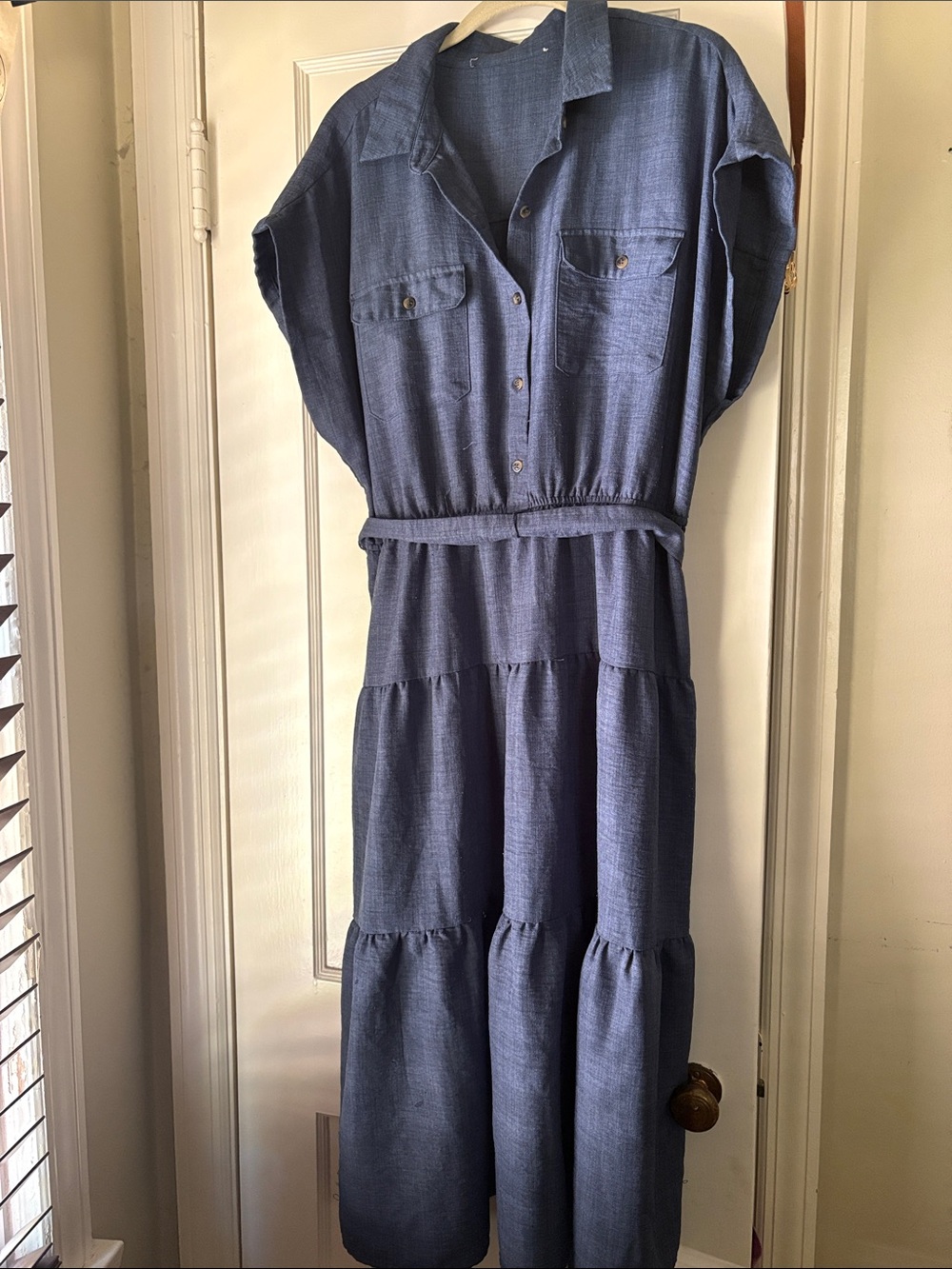 Emma & Michelle Mock Denim Blue Tiered Shirt Dress
